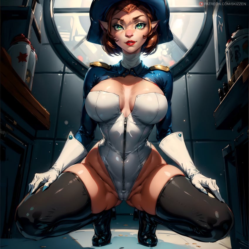 ai_generated captain_amelia catgirl disney fur furry green_eyes kitchen leotard short_hair skizzen spandex spread_legs squatting thighhigh_boots thighhighs treasure_planet uniform white_gloves