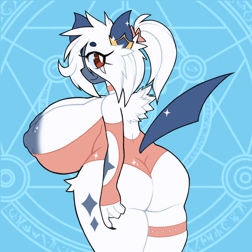 absol anthro ass big_breasts blue_skin borky-draws breasts breasts_out female_pokemon furry furry_female looking_back maliqeth nipples nipples_outside pokemon pokemon_(species) pony_tail smile solo tagme tail white_fur white_hair