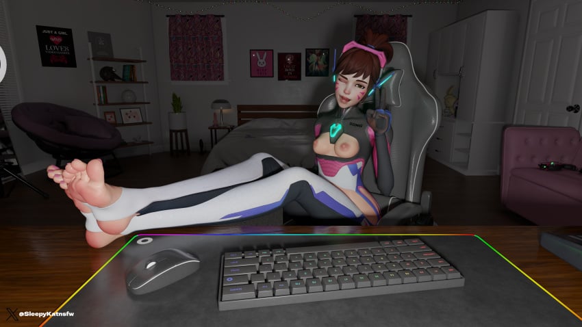 1female 1girls 3d 3d_(artwork) ;) ;o areola areolae asian asian_female ass ass barefoot blender blender_(software) blizzard_entertainment breasts brown_eyes brown_hair d.va desk desktop eye_contact feet feet_up female female female_focus female_only foot_fetish gamer_girl hana_song korean korean_female legs legs_up long_legs looking_at_viewer nipples no_bra no_panties one_eye_closed open_mouth overwatch overwatch_2 peace_sign pink_toenails ponytail shiny shiny_skin showing_feet sleepykat small_breasts soles solo solo_female solo_focus thighs tied_hair toenail_polish toenails toes toes_spread tongue wet wet_feet winking_at_viewer