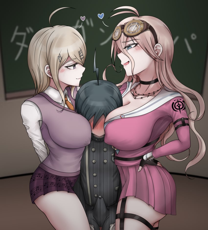 1boy 2girls 7-cs akamatsu_kaede blonde_hair blue_eyes breast_press breast_smother breasts danganronpa danganronpa_v3 erect_nipples erection erection_under_clothes faceless_male female femdom ffm_threesome girl_sandwich gon_(congchuabuoito) head_between_breasts iruma_miu large_breasts male marshmallow_hell saihara_shuuichi sandwiched symmetrical_docking thighs threesome