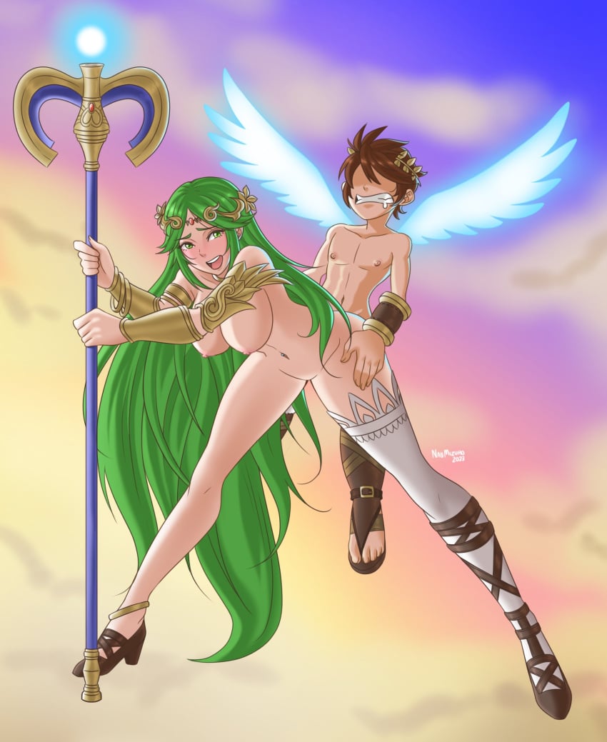 1boy 1girls background bent_over breasts brown_hair commission female green_eyes green_hair kid_icarus kid_icarus_uprising male naijmizuho nintendo nipples palutena pit pit_(kid_icarus) sex sleazyasianguy standing_sex tagme