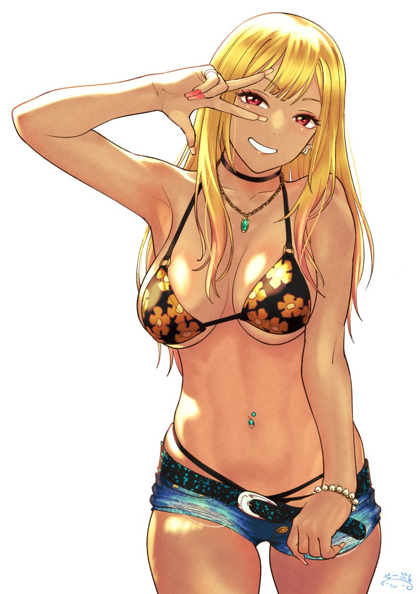 1girls bikini black_choker black_thong blonde_hair choker denim_shorts flower_bikini hand_on_belt kitagawa_marin large_breasts navel_piercing pierced_navel red_eyes short_shorts shorts smiling smiling_at_viewer sono_bisque_doll_wa_koi_wo_suru suna underboob