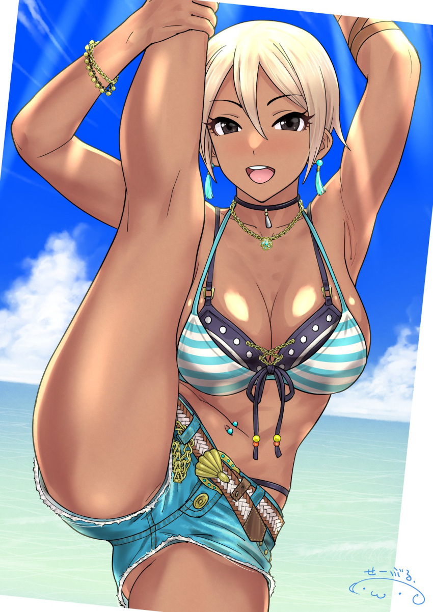 beach bikini_under_shorts blonde_hair cheerleading_pose choker crotch_focus cutoffs dark_eyes denim_shorts double_bikini idolmaster idolmaster_cinderella_girls large_breasts leg_up looking_at_viewer navel_piercing open_mouth pierced_navel shiomi_syuko short_hair short_shorts shorts suna suntan tan tanned tanned_female