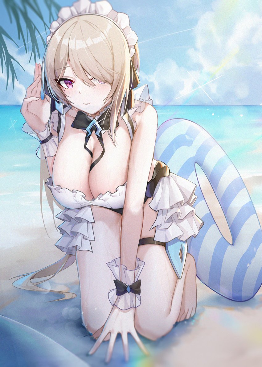 barefoot blue_sky blurry blurry_foreground breasts cleavage closed_mouth cloud cloudy_sky female full_body hair_over_one_eye highres honkai_(series) honkai_impact_3rd innertube kneeling large_breasts light_brown_hair long_hair maid_headdress mole mole_under_eye ocean purple_eyes rita_rossweisse rita_rossweisse_(phantom_iron) sand sky smile solo summer summer_uniform swimsuit toes twintails wood_cube