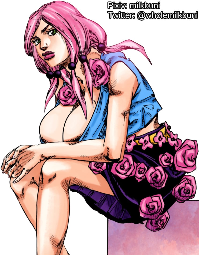 1girls big_breasts blue_shirt breasts clothed edit edited green_eyes hirohiko_araki huge_breasts jojo's_bizarre_adventure jojolion milkbuni pink_hair pink_lipstick sitting skirt yasuho_hirose