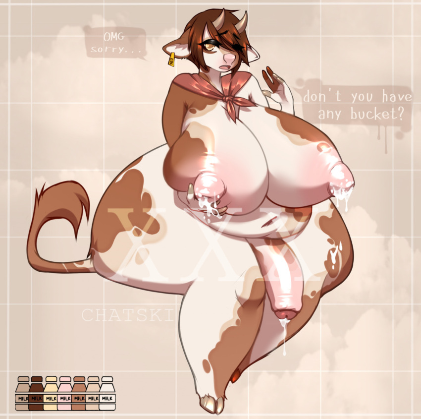 abstract_background anthro areola ass belly big_belly big_breasts big_butt big_nipples bodily_fluids bovid bovine breast_milking breast_squish breasts brown_body brown_fur cattle chatski cum dairy_products dialogue food foreskin fur genital_fluids genitals herm hi_res holding_breast hooves horn huge_breasts intersex lactating looking_at_viewer mammal markings navel nipples overweight penis pink_areola pink_nipples pink_penis precum scarf solo speech_bubble spots spotted_body spotted_fur spotted_genitalia spotted_markings spotted_penis squish white_body white_fur wide_hips yellow_eyes