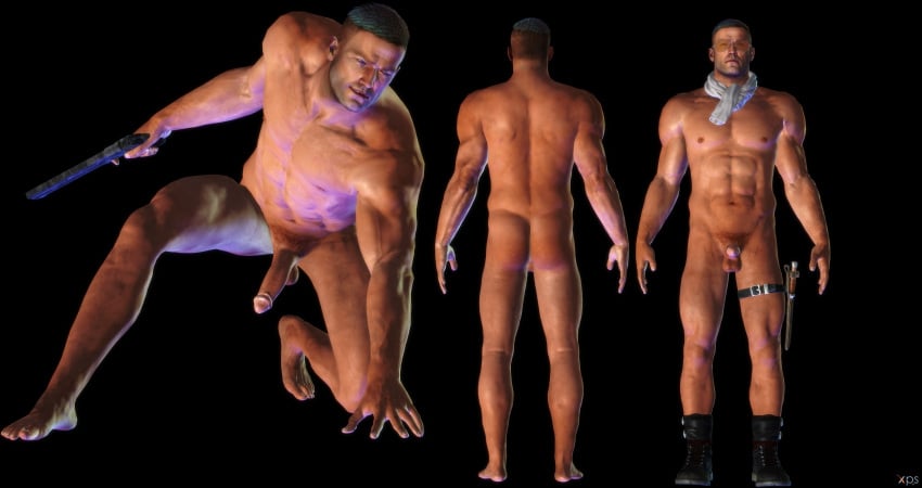 1boy 1male abs ass bj_blazkowicz black_background boots erect_penis erection f0-star gun male male_only muscular muscular_male pecs pubes pubic_hair retracted_foreskin scarf six_pack stubble sunglasses uncut weapon wolfenstein xps