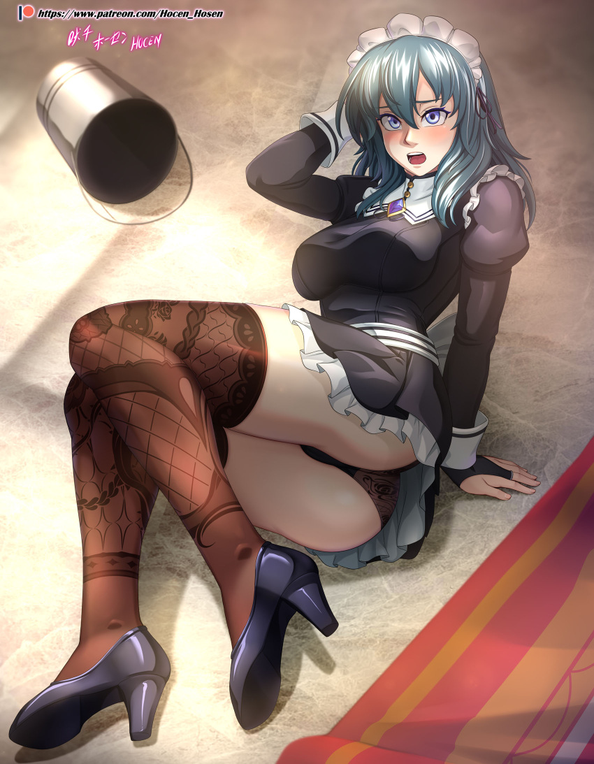 1girls absurdres alternate_costume arm_support artist_name ass bare_thighs big_ass black_panties blue_eyes breasts bridal_gauntlets brown_legwear bucket byleth_(female)_(fire_emblem) byleth_(fire_emblem) byleth_(fire_emblem)_(female) carpet clumsy fallen_down female female_only fire_emblem fire_emblem:_three_houses floral_print frown hair_between_eyes high_heels highres hocen indoors lace-trimmed_legwear lace_trim large_breasts leggings light long_sleeves looking_at_viewer maid maid_headdress maid_uniform medium_hair nintendo on_ground open_mouth panties pantyshot patreon_username patterned_legwear print_thighhighs solo teal_hair thick_thighs thighhighs thighs tripping underwear upskirt watermark web_address