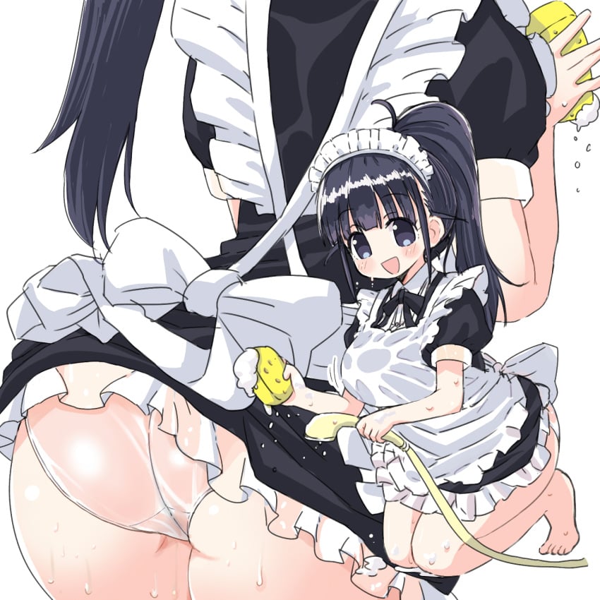 ass female maid maid_headdress maid_uniform naitou_kouse panties see-through_panties solo tagme washing wet_clothes wet_panties