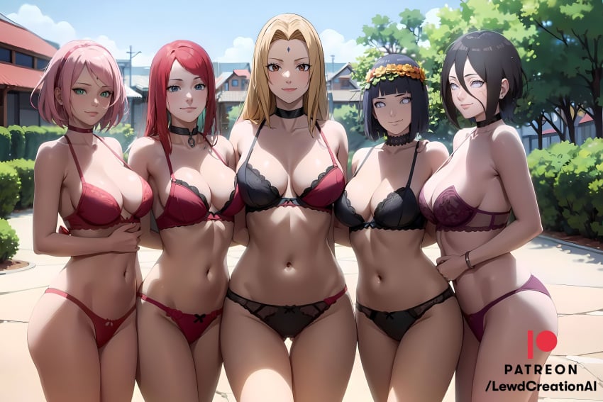 5girls ai_generated ass big_breasts black_hair blonde_female blonde_hair blonde_hair_female blue_eyes blush blush_lines boruto:_naruto_next_generations brown_eyes cameltoe choker cleavage cleavage_overflow female female_only forehead_gem forehead_jewel forehead_mark gray_eyes green_eyes hair_between_eyes hair_ornament hands_behind_back hands_behind_head huge_breasts hyuuga_hanabi hyuuga_hinata large_breasts lewdcreationsai lingerie looking_at_viewer multiple_girls naruto naruto:_the_last naruto_(classic) naruto_(series) naruto_shippuden navel pink_hair red_hair sakura_haruno smile smirk smirking smirking_at_viewer thick_legs thick_thighs thighs tsunade uzumaki_kushina white_eyes