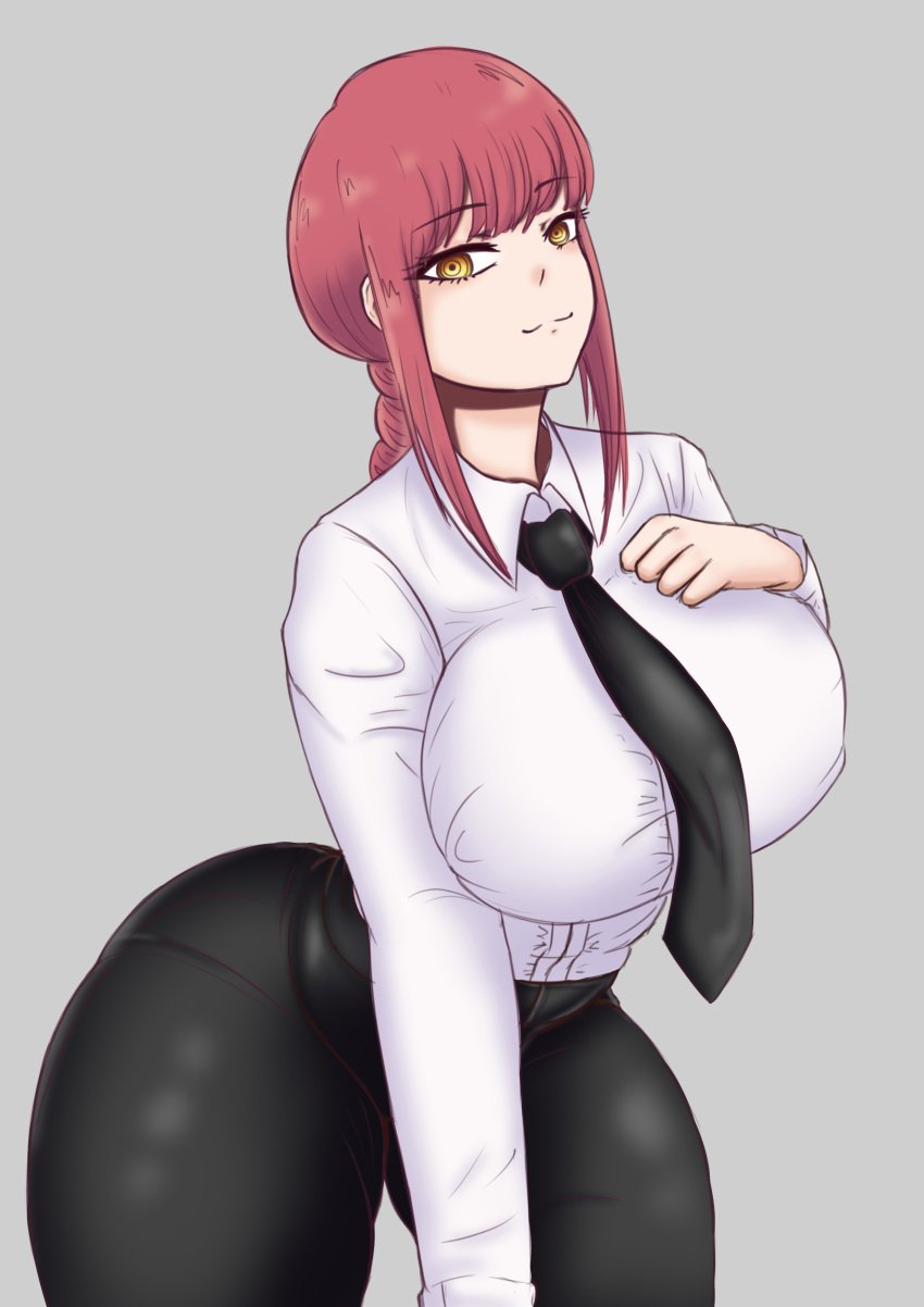 1girls big_breasts black_pants bottomwear braid breasts chainsaw_man female female_only hair happykon hips huge_breasts makima_(chainsaw_man) necktie neckwear pants red_hair shirt solo solo_female thighs topwear white_shirt wide_hips yellow_eyes