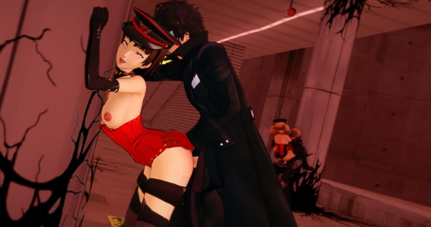 2boys 2girls 3d against_pillar against_wall ahe_gao akira_kurusu ann_takamaki atlus background_sex black_gloves black_hair blonde_hair blush breasts brown_hair butt_blush choker clothing corset couples exposed_breasts eyes_rolling_back gg-koi group hands_on_ass hands_on_hips hat hidden_face human joker_(persona) koikatsu leggins long_gloves makoto_niijima nipples pale_skin persona persona_5 phantom_thief_suit pulled_down_top red_corset red_eyes red_gloves ren_amamiya ryuji_sakamoto sex short_shorts shorts shorts_down skin_tight twintails vaginal vaginal_penetration