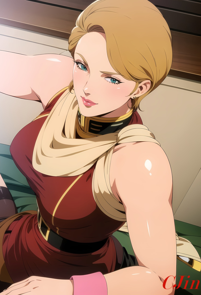 1girls ai_generated blonde_hair bob_cut breasts c_jin c_jin_(artist) covered_breasts earth_federation female female_only gundam jin_(artist) lila_milla_rira lipstick military_uniform nai_diffusion older_female pink_lipstick red_jin short_hair small_breasts small_waist sole_female stable_diffusion suggestive suggestive_look zeta_gundam