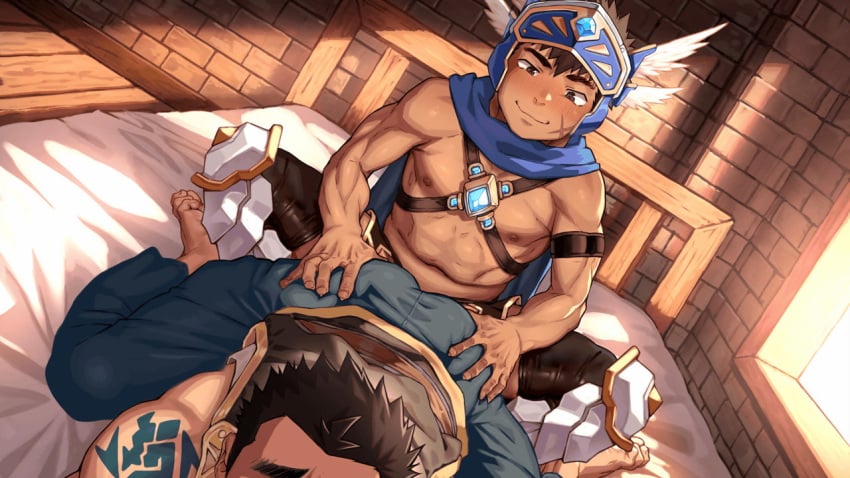 2boys arm_tattoo armored_boots bara bed black_hair black_pants boots brionac_(crave_saga) crave_saga helmet imminent_anal imminent_penetration male male_focus male_only multiple_boys muscular muscular_male navel nipples official_art on_bed pants protagonist_(crave_saga) scar scar_on_cheek scar_on_face shiba_yuuji short_hair tattoo winged_helmet yaoi