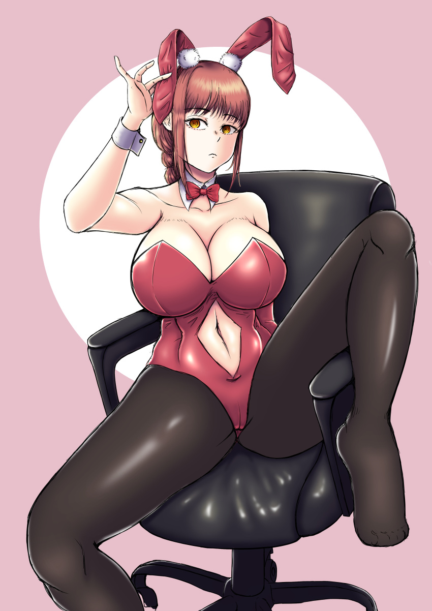 1girls big_breasts braid breasts bunny_ears bunnysuit cameltoe chainsaw_man chair cleavage fake_animal_ears feet female female_only hair happykon huge_breasts leggings legwear makima_(chainsaw_man) neckwear red_bunnysuit red_hair shounen_jump solo solo_female thighs tv_tokyo yellow_eyes