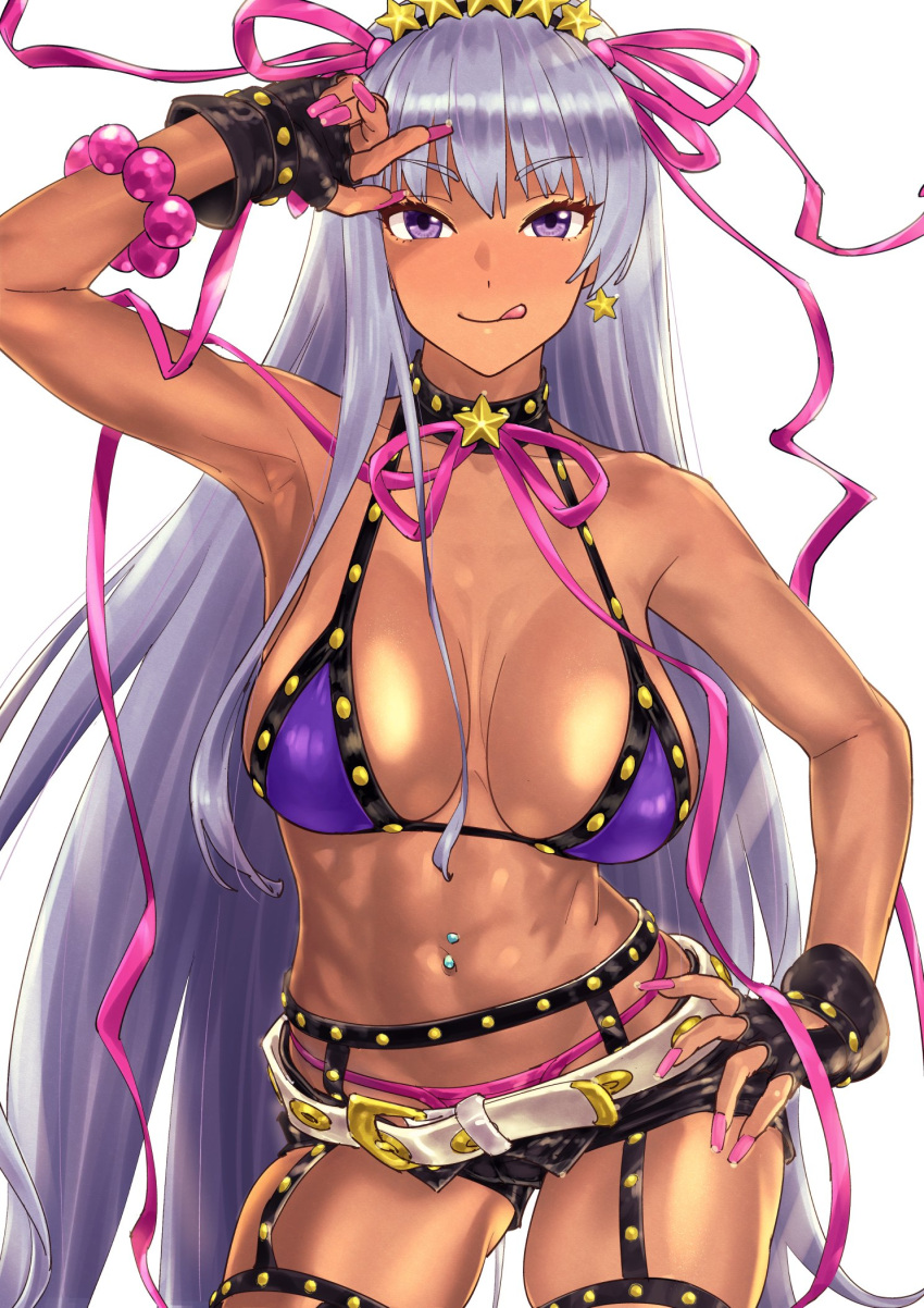 bb_(fate) black_collar fate_(series) fingerless_gloves forehead_touch hand_on_hip large_breasts navel_piercing pierced_navel pink_nails pink_ribbon pink_thong short_shorts shorts silver_hair studded_bikini studded_collar studded_garter_belt suna suntan tanned_girl tanned_skin tongue_sticking_out very_long_hair violet_eyes white_belt