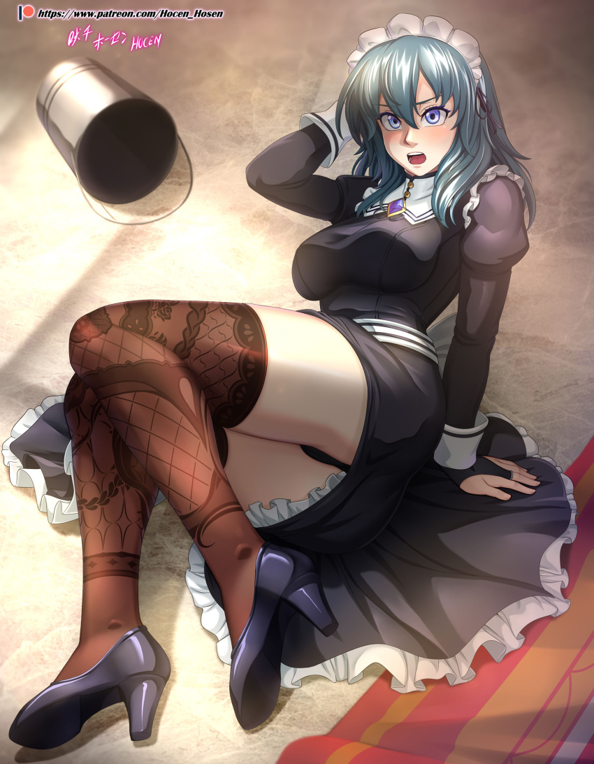 1girls absurdres alternate_costume angry arm_support artist_name ass ass_in_dress bare_thighs big_ass black_panties blue_eyes blue_hair breasts bridal_gauntlets brown_legwear bucket byleth_(female)_(fire_emblem) byleth_(fire_emblem) byleth_(fire_emblem)_(female) carpet clumsy fallen_down female female_only fire_emblem fire_emblem:_three_houses floral_print frown hair_between_eyes high_heels highres hocen indoors lace-trimmed_legwear lace_trim large_breasts leggings light long_sleeves looking_at_viewer maid maid_headdress maid_uniform medium_hair nintendo on_ground open_mouth panties pantyshot patreon_username patterned_legwear print_thighhighs solo teal_hair thighhighs thighs tripping underwear upskirt watermark web_address