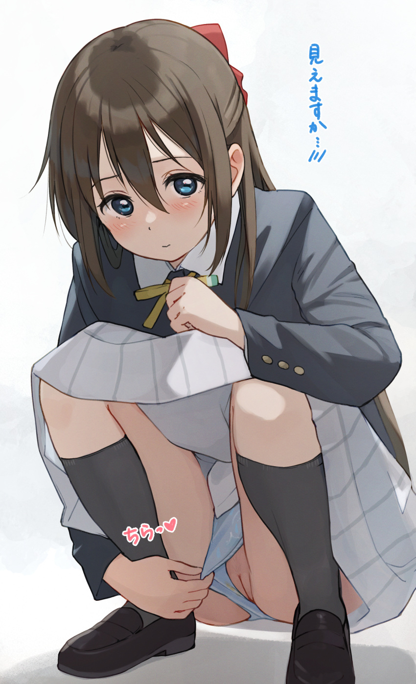 absurdres blue_eyes blush bow brown_hair closed_mouth clothing_aside female grey_background hair_between_eyes hairbow heart highres japanese_text long_hair looking_at_viewer love_live! love_live!_nijigasaki_high_school_idol_club nijigasaki_academy_school_uniform note_translated ousaka_shizuku panties panties_aside pussy pussy_peek school_uniform skirt solo sound_effects spoken_blush squatting tata_(tataice) text translated uncensored underwear upskirt wavy_mouth