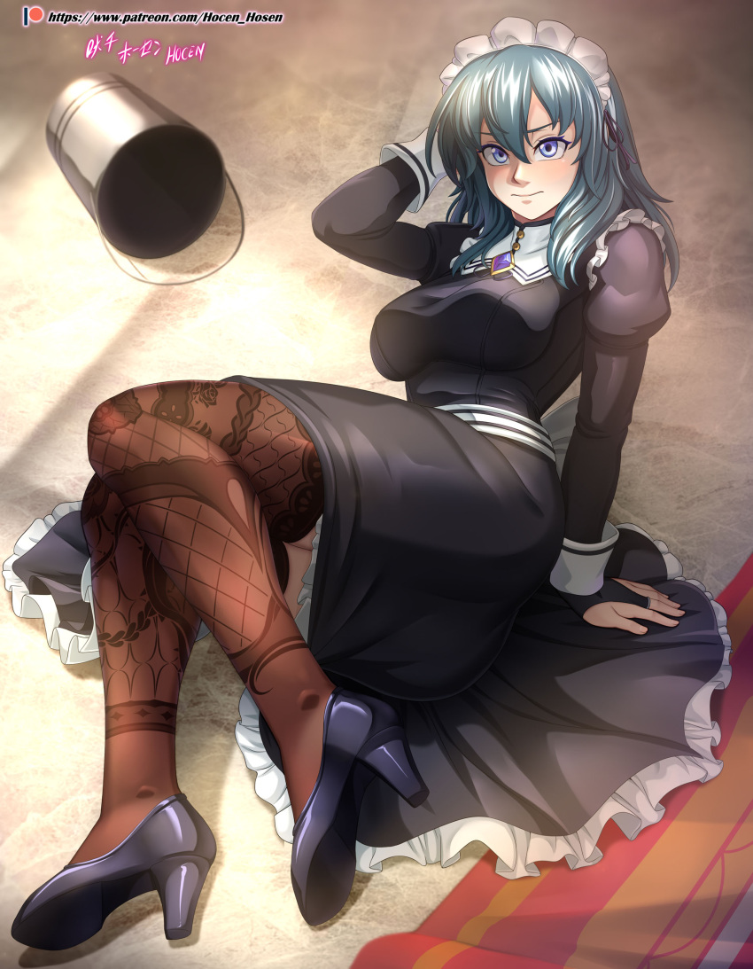 1girls absurdres alternate_costume angry arm_support artist_name ass ass_in_dress bare_thighs big_ass blue_eyes breasts bridal_gauntlets brown_legwear bucket byleth_(female)_(fire_emblem) byleth_(fire_emblem) byleth_(fire_emblem)_(female) carpet closed_mouth clumsy english_commentary fallen_down female female_only fire_emblem fire_emblem:_three_houses floral_print frown hair_between_eyes high_heels highres hocen indoors lace-trimmed_legwear lace_trim large_breasts leggings light long_sleeves looking_at_viewer maid maid_headdress maid_uniform medium_hair mixed-language_commentary nintendo on_ground patreon_username patterned_legwear print_thighhighs solo teal_hair thighhighs thighs tripping watermark web_address