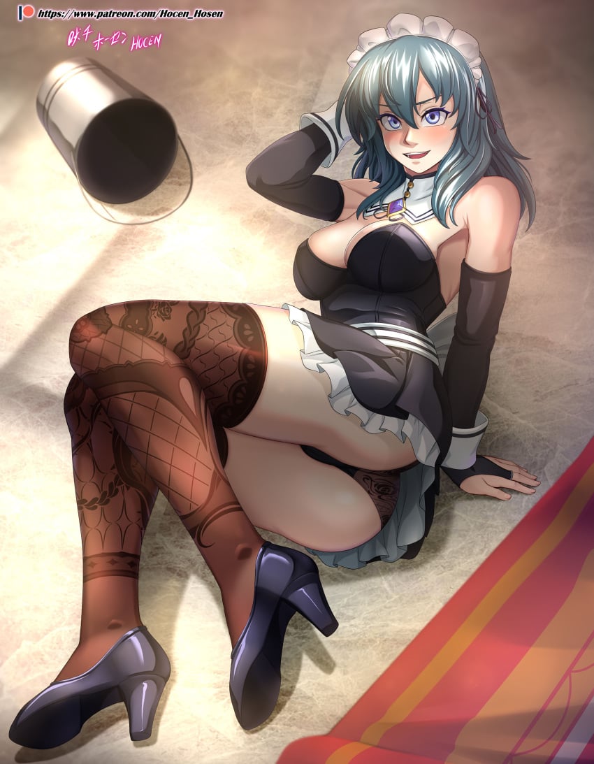 1girls absurdres alternate_costume arm_support armpits artist_name ass bare_thighs big_ass black_panties blue_eyes breasts bridal_gauntlets brown_legwear bucket byleth_(female)_(fire_emblem) byleth_(fire_emblem) byleth_(fire_emblem)_(female) carpet cleavage clumsy confident detached_sleeves fallen_down female female_only fire_emblem fire_emblem:_three_houses floral_print hair_between_eyes high_heels highres hocen indoors lace-trimmed_legwear lace_trim large_breasts leggings light long_sleeves looking_at_viewer maid maid_headdress maid_uniform medium_hair nintendo on_ground open_mouth panties pantyshot patreon_username patterned_legwear pose print_thighhighs smile solo teal_hair thick_thighs thighhighs thighs tripping underwear upskirt watermark web_address