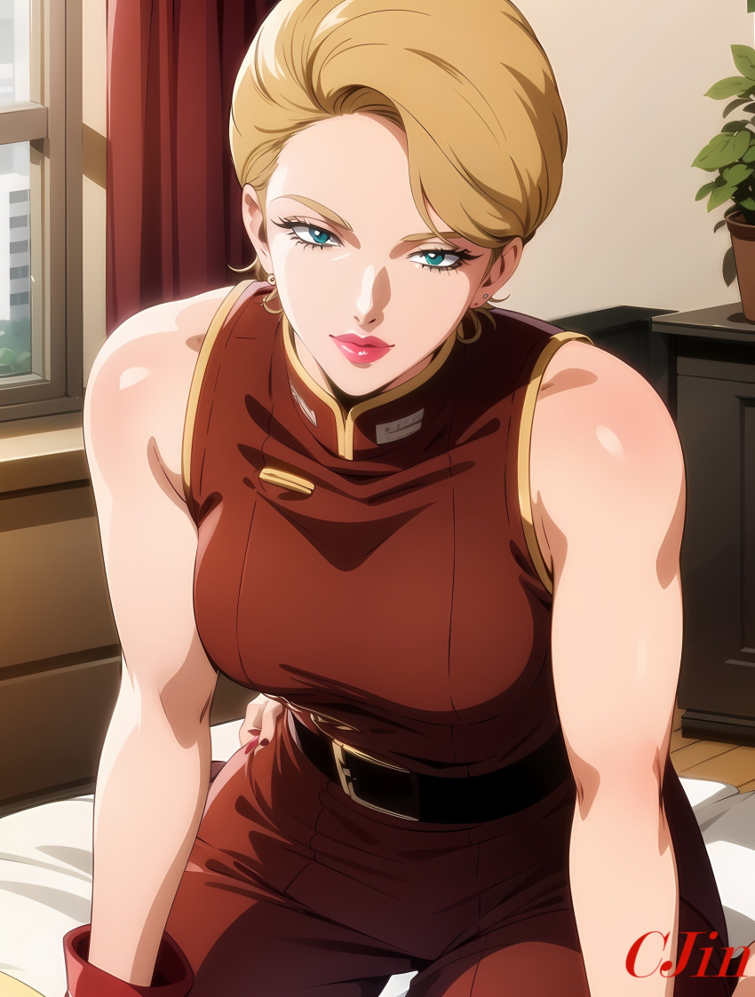 1girls ai_generated blonde_hair bob_cut breasts c_jin c_jin_(artist) covered_breasts earth_federation female female_only gundam jin_(artist) lila_milla_rira lipstick military_uniform nai_diffusion older_female pink_lipstick red_jin short_hair small_breasts sole_female stable_diffusion suggestive suggestive_look zeta_gundam