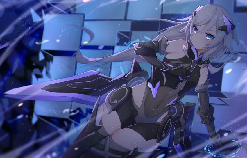 absurdres bare_shoulders black_footwear black_hair black_leotard blue_eyes boots breasts closed_mouth elbow_gloves female fu_hua fu_hua_(shadow_knight) gloves hair_between_eyes hair_ornament highres honkai_(series) honkai_impact_3rd leotard long_hair looking_at_viewer ponytail small_breasts solo thigh_boots thighhighs wood_cube