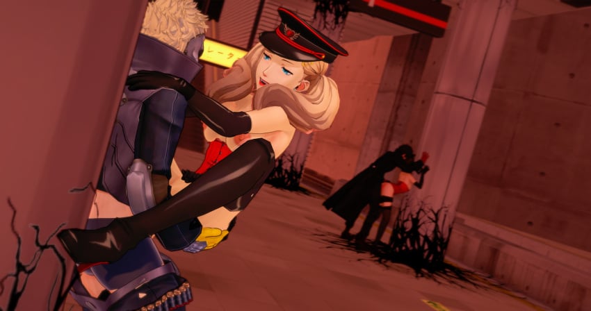 2boys 2girls 3d against_pillar against_wall akira_kurusu ann_takamaki atlus background_sex black_gloves black_hair blonde_hair breasts brown_hair choker clothing corset couples exposed_breasts fishnets gg-koi group half-closed_eyes hands_on_ass hands_on_hips hands_on_shoulders hat high_heel_boots high_heels human joker_(persona) koikatsu leggings lifting_partner long_gloves makoto_niijima nipples pale_skin persona persona_5 phantom_thief_suit pulled_down_top red_corset red_eyes ren_amamiya ryuji_sakamoto sex short_shorts shorts shorts_down skin_tight smug_face straight twintails vaginal vaginal_penetration yellow_gloves