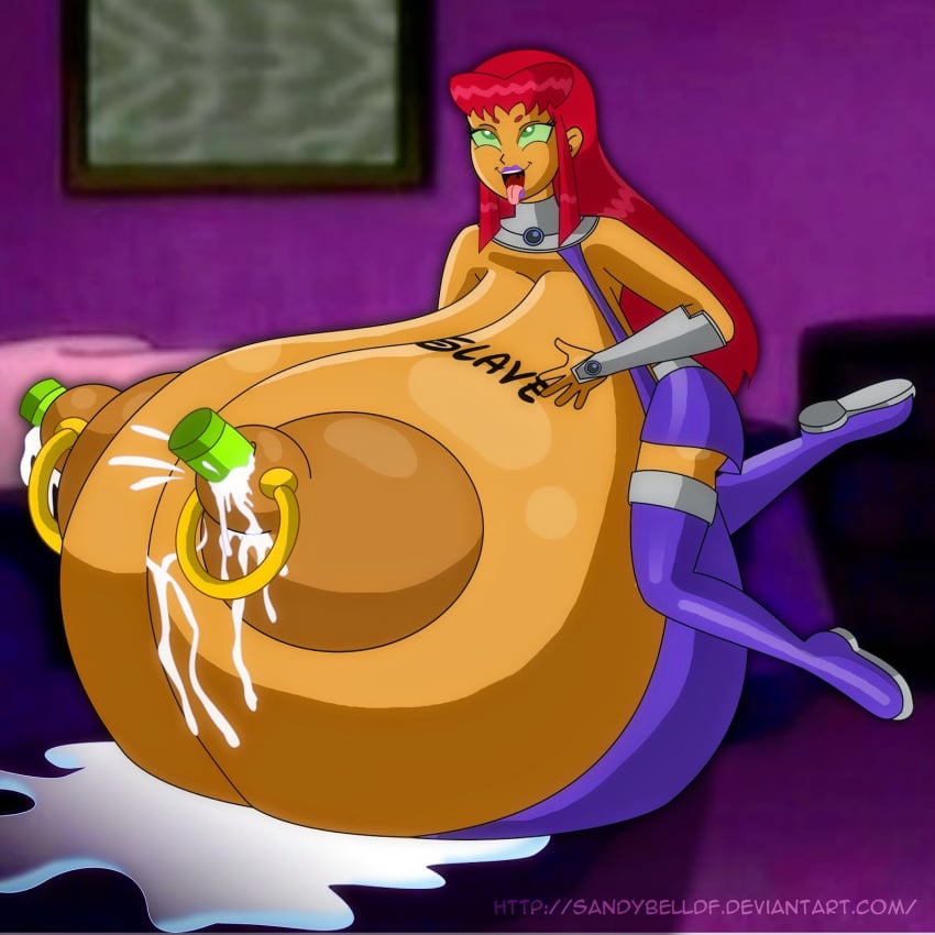 1girls alternate_breast_size big_breasts body_writing breasts breasts_bigger_than_head dc female female_only huge_breasts hyper hyper_breasts lactation nipple_piercing nipple_plugs nipples partially_clothed piercing sandybelldf starfire teen_titans tongue_out