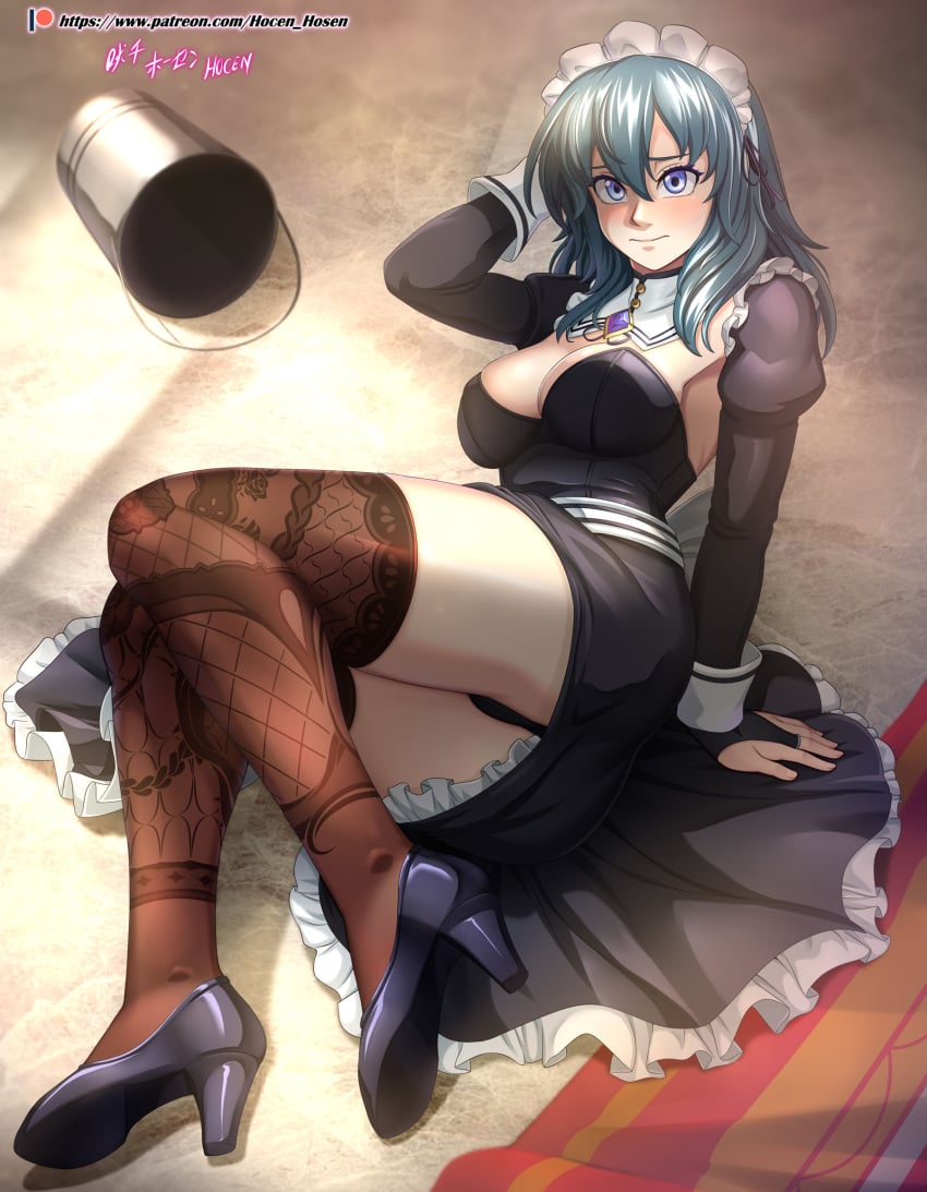 1girls absurdres alternate_costume arm_support armpits artist_name ass ass_in_dress bare_thighs big_ass black_panties blue_eyes breasts bridal_gauntlets brown_legwear bucket byleth_(female)_(fire_emblem) byleth_(fire_emblem) byleth_(fire_emblem)_(female) carpet cleavage clumsy detached_sleeves fallen_down female female_only fire_emblem fire_emblem:_three_houses floral_print frown hair_between_eyes high_heels highres hocen indoors lace-trimmed_legwear lace_trim large_breasts leggings light long_sleeves looking_at_viewer maid maid_headdress maid_uniform medium_hair nintendo on_ground panties pantyshot patreon_username patterned_legwear print_thighhighs solo teal_hair thighhighs thighs tripping underwear upskirt watermark web_address