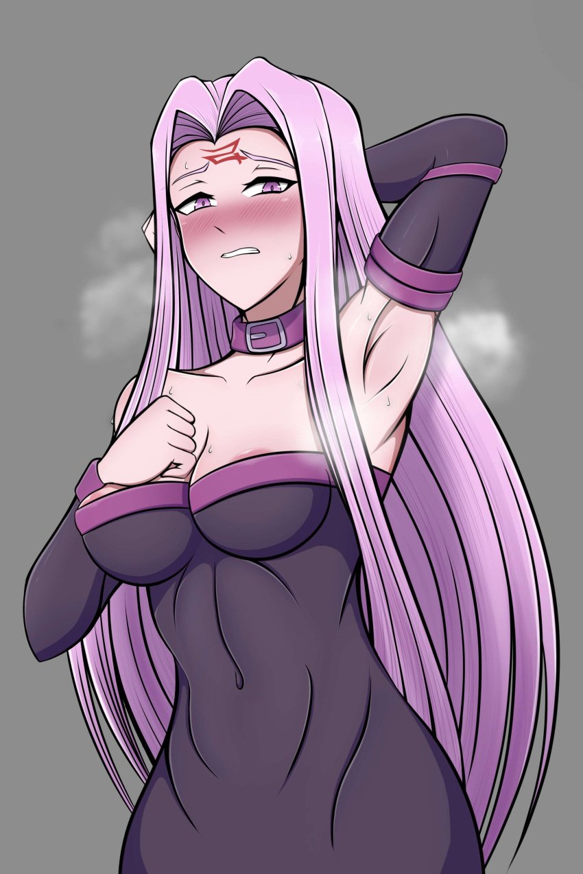 1girls armpits blush breasts clothed clothed_female collar commission commission_art commissioner_upload fate/stay_night fate_(series) forehead_mark large_breasts lolo_mp3 long_gloves long_hair medusa_(fate) nipple_peek purple_eyes purple_hair steam steaming_body sweat sweatdrop sweating tagme tight_clothes tight_clothing