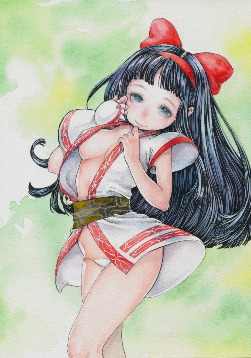 1girls ainu ainu_clothes big_breasts black_hair breasts busty cleavage king_of_fighters king_of_fighters_xiv large_breasts nakoruru navel open_clothes panties partially_clothed samurai_shodown samurai_spirits sato_(osappun) smile sole_female solo watercolor_(artwork)