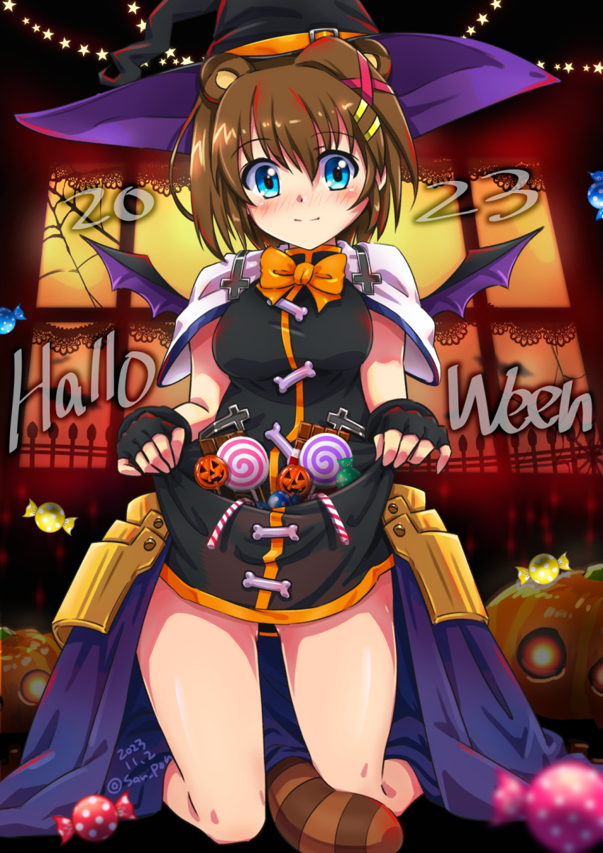 2023 artist_name black_gloves blue_eyes blush breasts brown_hair candy closed_mouth dated female fingerless_gloves halloween hayate_yagami large_breasts looking_at_viewer lyrical_nanoha mahou_shoujo_lyrical_nanoha_strikers san-pon short_hair smile solo tanuki_ears tanuki_tail witch_hat