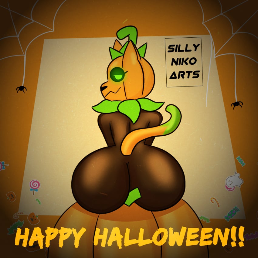 anthro arachnid arthropod ass big_butt black_body clothing felid feline female food fruit glistening glistening_body green_clothing halloween halloween_costume halloween_decoration hi_res holidays jack-o'-lantern looking_at_viewer mammal orange_body plant pumkat pumpkin pumpkin_head pumpkin_masturbation sillynikoarts_(artist) sitting solo spider spider_web text wide_hips