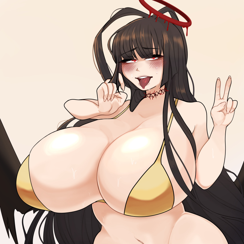 1girls ahe_gao bathing_suit big_areola big_breasts black_hair blue_archive blush curvaceous curvy curvy_figure female gold_bikini huge_boobs huge_breasts justice_task_force_(blue_archive) kekbun light-skinned_female light_skin long_hair looking_at_viewer looking_pleasured open_mouth pale-skinned_female pale_skin peace_sign solo solo_female solo_focus swimsuit swimwear teasing tongue_out trinity_general_school_student tsurugi_(blue_archive) tsurugi_(swimsuit)_(blue_archive)