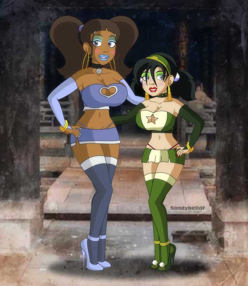 2girls alternate_breast_size artist_name avatar_legends avatar_the_last_airbender big_breasts bimbo breasts cleavage cleavage_cutout dark-skinned_female dark_skin duo earth_kingdom female female_only fully_clothed high_heels human katara lipstick makeup miniskirt multiple_girls revealing_clothes sandybelldf skimpy_clothes skirt slutty_outfit stockings thong toph_bei_fong twintails water_tribe