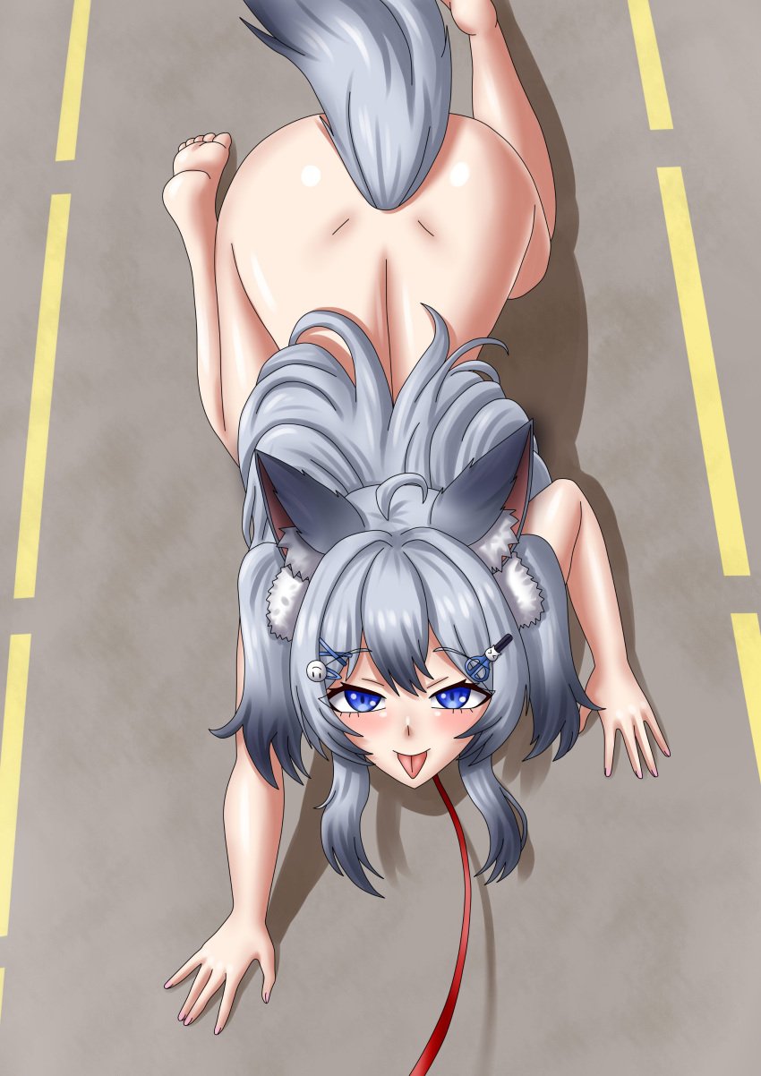 1girls animal animal_ears blue_eyes demosense grey_hair highres looking_at_viewer nude nude_female street tongue_out virtual_youtuber yukine_olwin