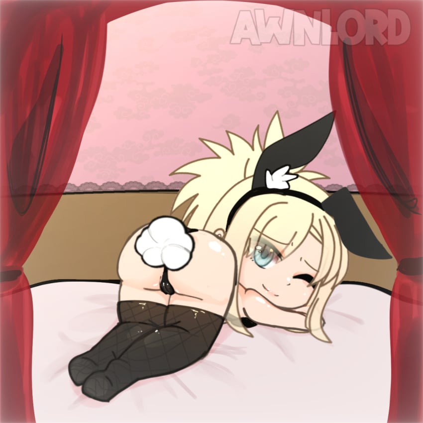 ass ass_focus awnlord bed black_legwear blonde_hair blue_eyes blue_eyes_female bunny_ears bunny_girl bunny_tail bunnysuit butt_pose fishnet_legwear fishnet_stockings gacha gacha_club gacha_heat gacha_life one_eye_closed ponytail pussy_outline wink