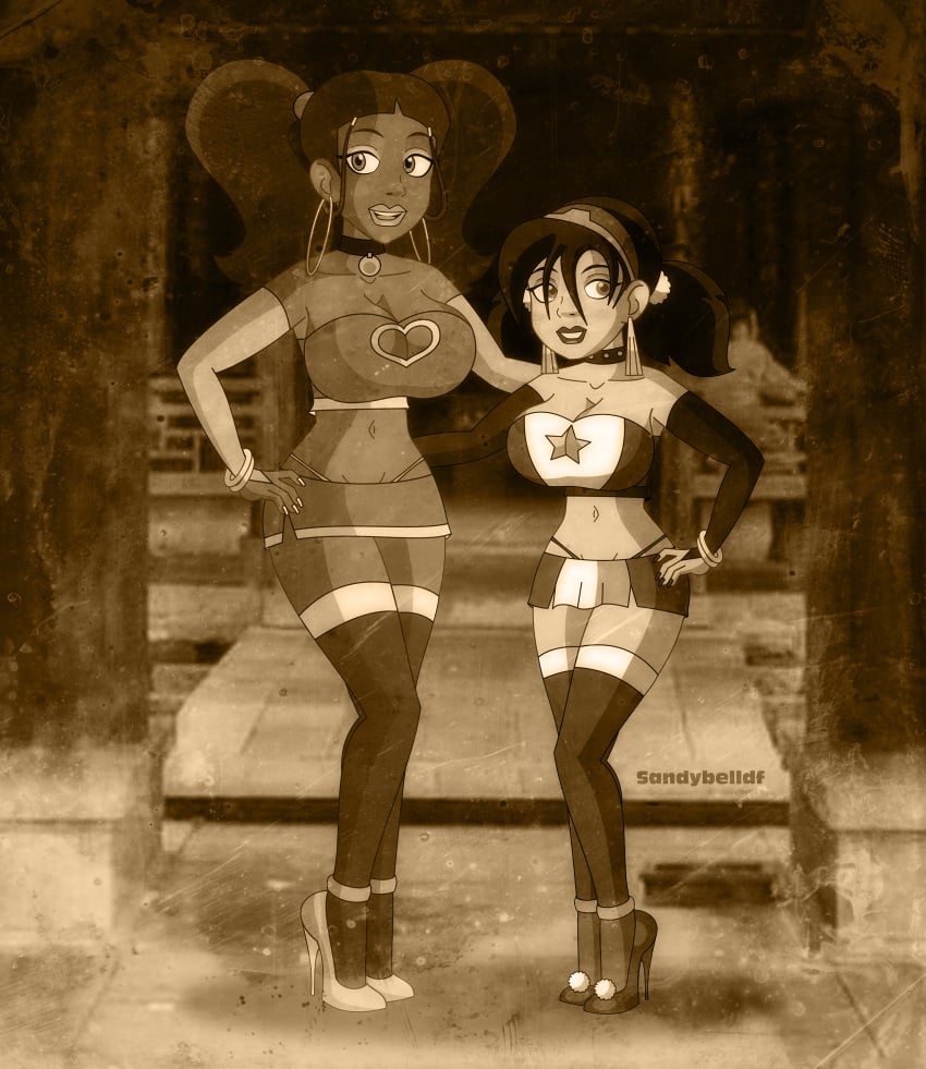 2girls alternate_breast_size artist_name avatar_legends avatar_the_last_airbender big_breasts bimbo breasts cleavage cleavage_cutout duo earth_kingdom female female_only high_heels human katara monochrome multiple_girls sandybelldf thong toph_bei_fong twintails water_tribe