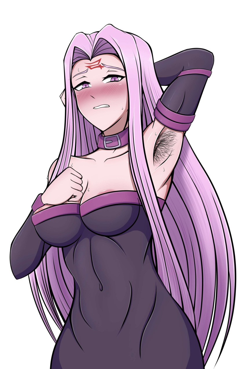 1girls armpit_hair armpits blush breasts clothed clothed_female collar commission commission_art commissioner_upload fate/stay_night fate_(series) forehead_mark large_breasts lolo_mp3 long_gloves long_hair medusa_(fate) nipple_peek purple_eyes purple_hair sweat sweatdrop sweating tagme tight_clothes tight_clothing