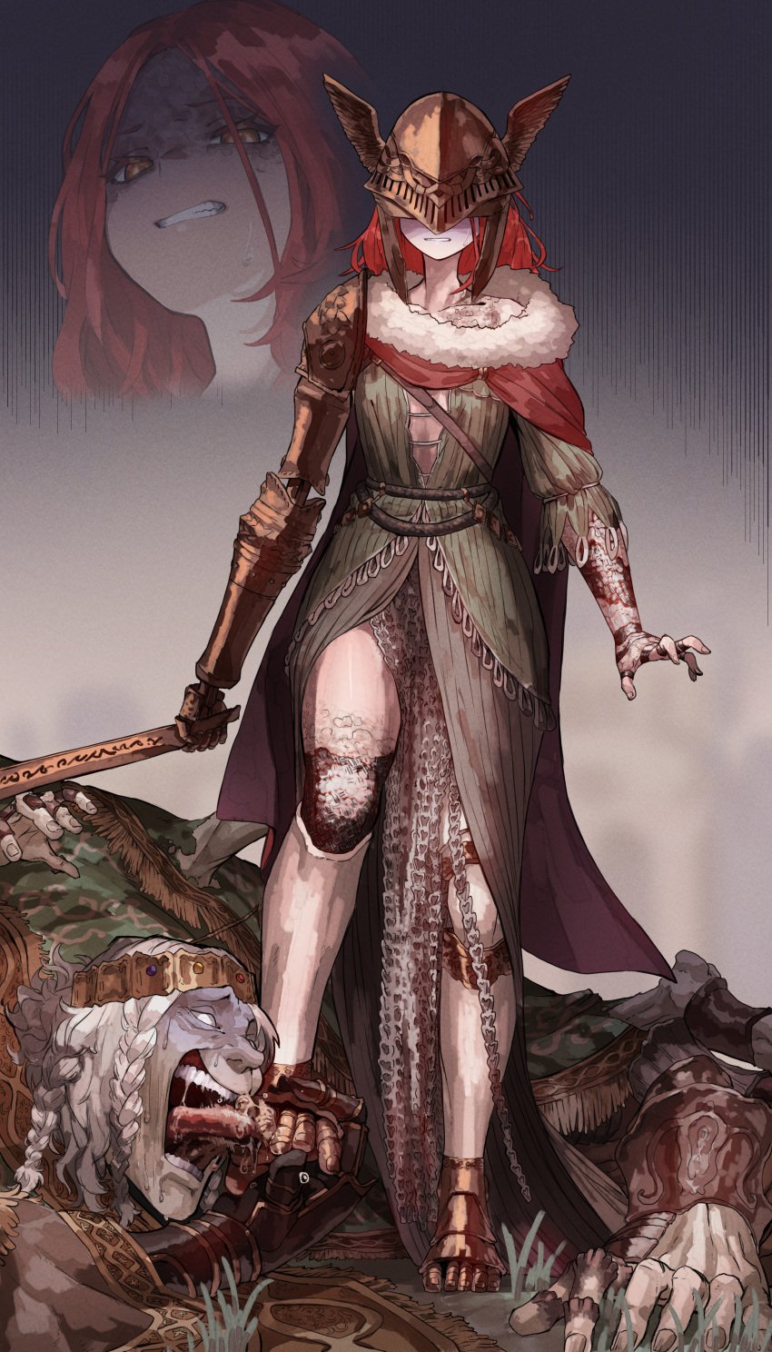 1boy 1girls armor barefoot disgusted disgusted_look ekrea_jan elden_ring feet female foot_fetish fromsoftware godrick_the_grafted licking_foot malenia_blade_of_miquella milf prosthetic prosthetic_limb saliva