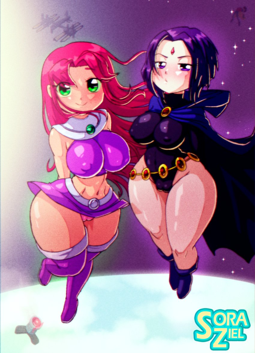 2girls alien alien_girl belt big_breasts boots breasts cape cartoon_network chibi curvaceous curvy curvy_body curvy_figure dc dc_comics duo duo_female duo_focus earth erect_nipples female female_only green_eyes grey_skin happy leotard long_hair long_hair_female miniskirt multiple_girls orange_skin panties planet purple_eyes purple_hair pussy rachel_roth raven_(dc) red_hair short_hair short_hair_female skirt small_skirt smile smiling smiling_at_viewer space starfire superhero superheroine superpowers teen_titans thick_thighs thighhighs thighs