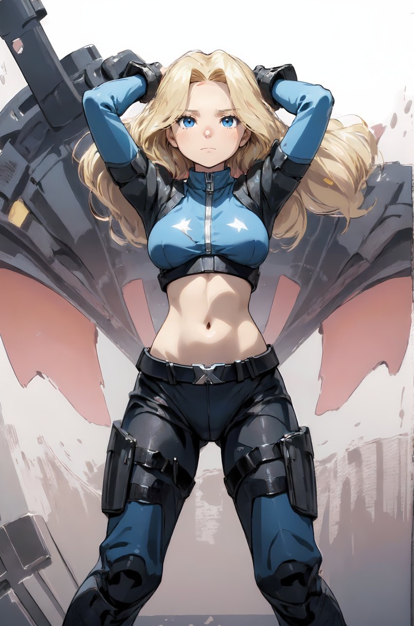 abdomen ai_generated arms_up bare_midriff belly belt blonde_hair blue_eyes catsuit female front_view grown_up maria_robotnik medium_breasts midriff navel pixai secret_agent serious_face soldier sonic_(series) sonic_the_hedgehog_(series) spy younger_female