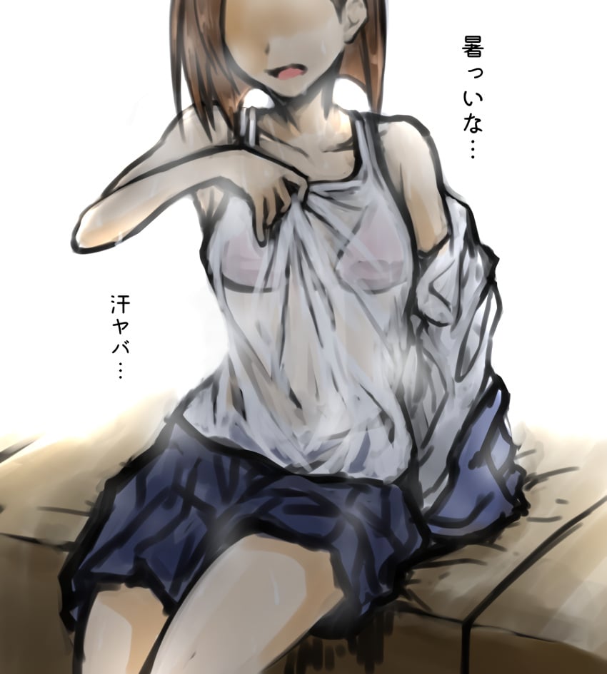 adjusting_clothes adjusting_shirt ahemaru arm_behind_back arm_support bare_shoulders blue_shirt blue_skirt bob_cut bra bra_visible_through_clothes brown_hair clothes_lift collarbone eizouken_ni_wa_te_wo_dasu_na! female hand_on_own_chest head_out_of_frame henriiku_(ahemaru) inverted_bob keep_your_hands_off_eizouken off_shoulder open_clothes open_mouth open_shirt pink_bra pleated_skirt school_uniform see-through shirt sitting skirt skirt_lift solo steam stone sweat sweatdrop tank_top thighs tsubame_mizusaki undershirt underwear undressing unworn_shirt wet wet_clothes wet_shirt white_background white_tank_top