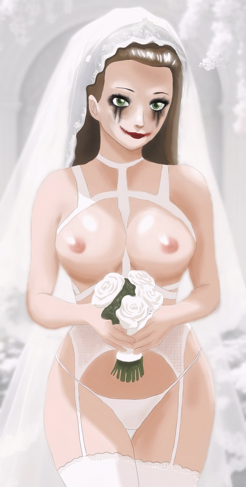 1girls absurd_res artist_upload bloody_mary bouquet breasts bride bride_veil brown_hair closed_mouth closed_smile exposed_breasts female female_focus female_only green_eyes hi_res lingerie long_hair looking_at_viewer makeup makeup_running mr.ash666_(artist) nipples playstation self_upload smiling_at_viewer sony_interactive_entertainment stockings twisted_metal twisted_metal:_black veil