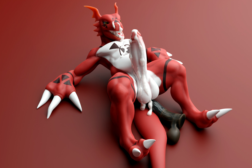 3:2 animal_dildo animal_genitalia animal_penis animal_sex_toy anthro bandai_namco big_penis blender_(software) blender_cycles bodily_fluids cum cum_in_mouth cum_inside digimon digimon_(species) digital_media_(artwork) dildo equine_dildo equine_genitalia equine_penis genital_fluids genitals guilmon hi_res lying male male_only on_back orcinusart penis propped_up sex_toy solo solo_focus spread_legs spreading