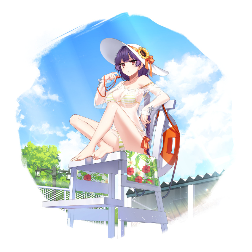 absurdres bare_shoulders barefoot bikini braid breasts cleavage counter:side female flower full_body hat hat_flower highres holding lee_yumi_(counter:side) lifebuoy lifeguard_chair long_hair looking_at_viewer medium_breasts off_shoulder official_alternate_costume official_art outdoors purple_hair red_eyes see-through shirt side-tie_bikini_bottom single_braid solo strap_slip string_bikini striped striped_bikini sun_hat swimsuit thighs transparent_background whistle white_headwear