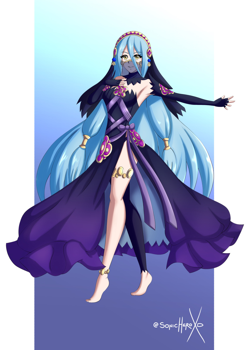 1girls alternate_costume armpits asymmetrical_clothes asymmetrical_legwear azura_(fire_emblem) azura_(performing_arts)_(fire_emblem) bare_legs barefoot blue_background blue_hair blue_panties breasts dancer dancing dress elbow_gloves female female_only fingerless_gloves fire_emblem fire_emblem_fates full_body gloves hair_between_eyes hand_on_own_chest legs light_blue_hair long_hair looking_at_viewer medium_breasts mouth_veil nintendo official_alternate_costume panties pantyhose pose see-through side_slit simple_background solo sonicheroxd standing underwear veil very_long_hair yellow_eyes