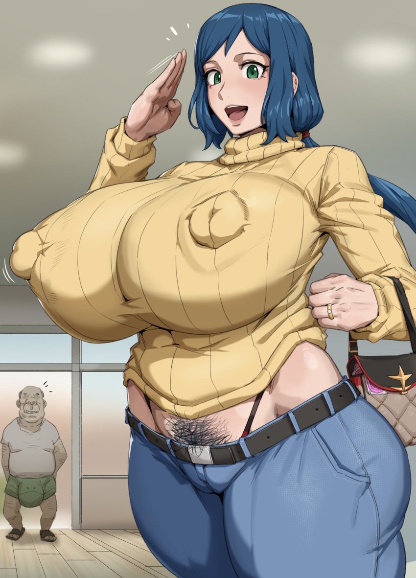 1boy 1girls big_nipples blue_hair blue_pubic_hair breasts condom erect_nipples erect_nipples_under_clothes female green_eyes gundam gundam_build_fighters hips huge_breasts huge_cock iori_rinko kunaboto light-skinned_female light_skin long_hair male massive_breasts mature_female milf mother nipple_bulge nipples old_man older_male penis pubic_hair pubic_hair_peek puffy_nipples thick_thighs thighs ugly_bastard ugly_man venus_body wide_hips