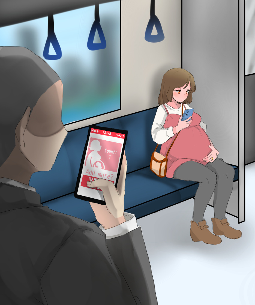 1boy 1boy1girl 1girls holding_phone loppini original original_character pregnant pregnant_female rubbing_belly sitting_on_bench train