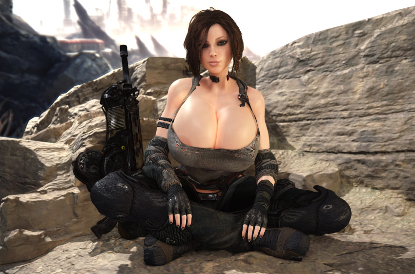 1girls 3d 3d_(artwork) alternate_breast_size areola_slip areolae areolae_slip breasts_bigger_than_head brown_hair bulletstorm cleavage clothed clothed_female electronic_arts epic_games female female_only fingerless_gloves gigantic_breasts gun hair_over_one_eye huge_breasts human looking_at_viewer people_can_fly solo solo_female tombo trishka_novak vaako weapon wide_hips